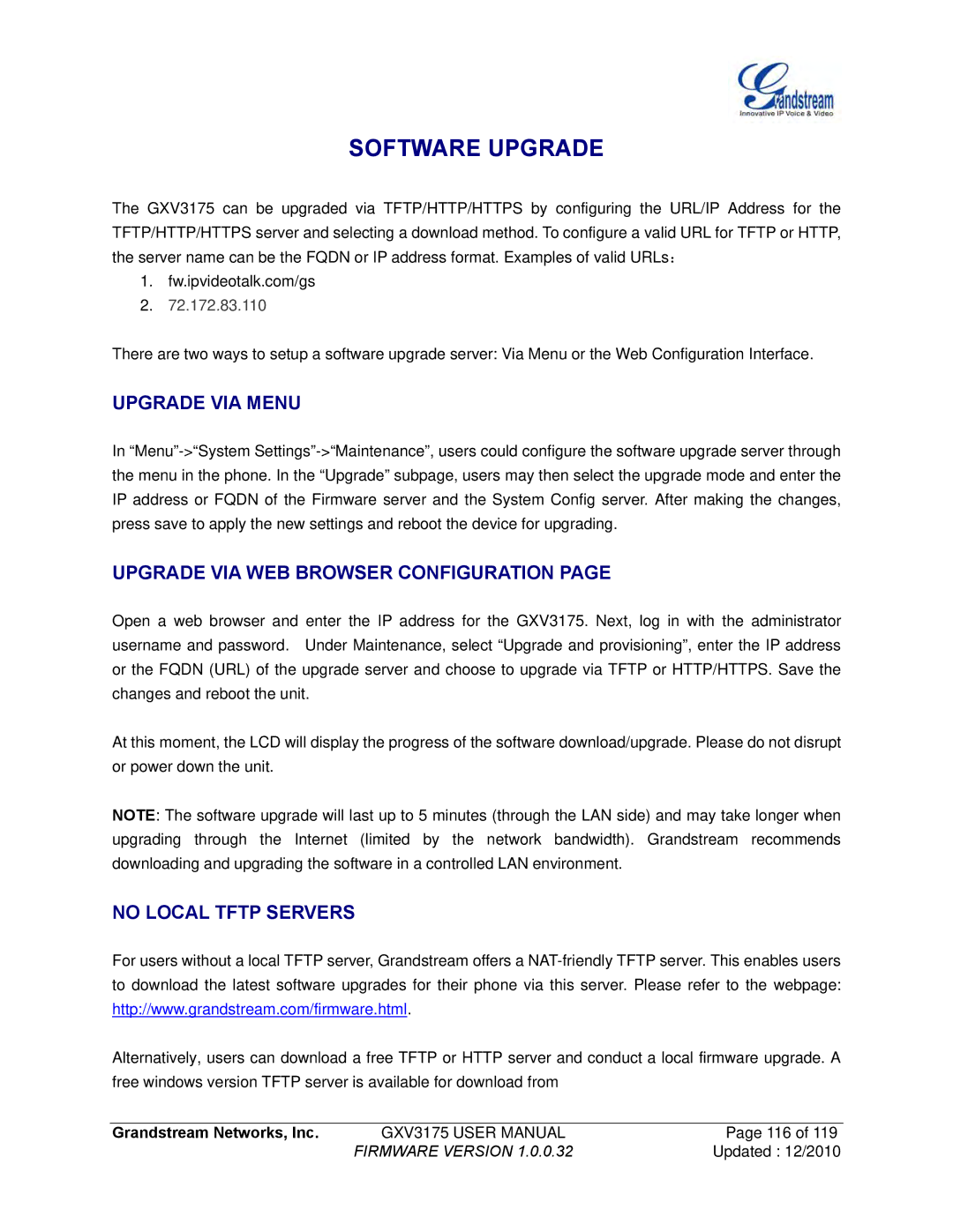 Grandstream Networks GXV3175 manual Upgrade VIA Menu, Upgrade VIA WEB Browser Configuration, No Local Tftp Servers 