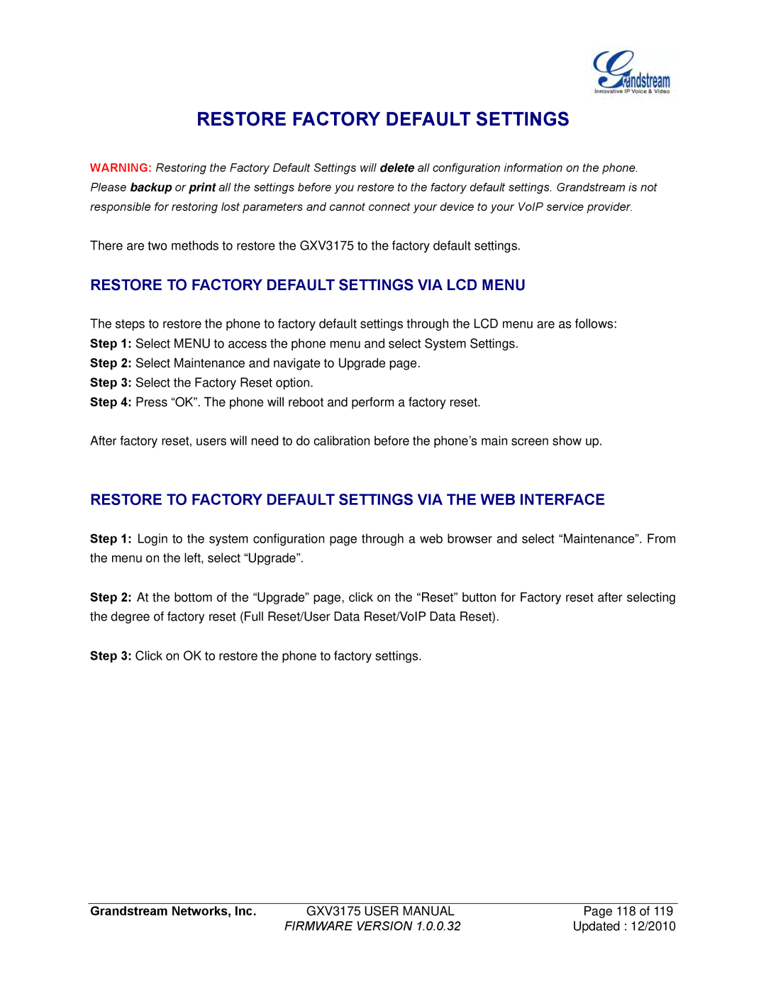 Grandstream Networks GXV3175 manual Restore to Factory Default Settings VIA LCD Menu 