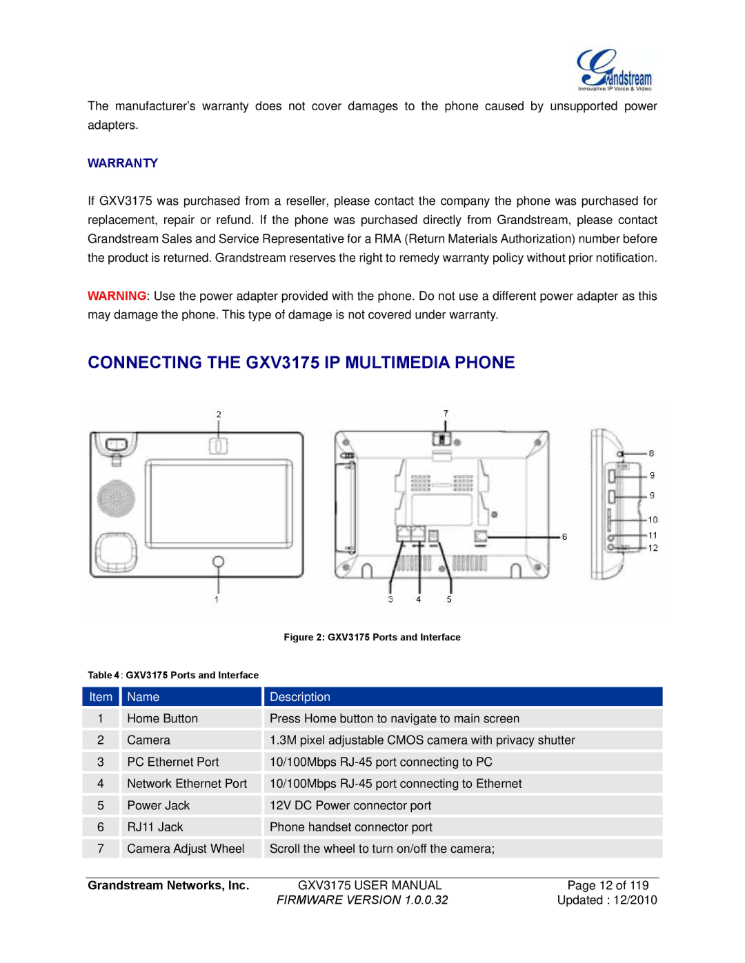 Grandstream Networks manual Connecting the GXV3175 IP Multimedia Phone, Warranty 