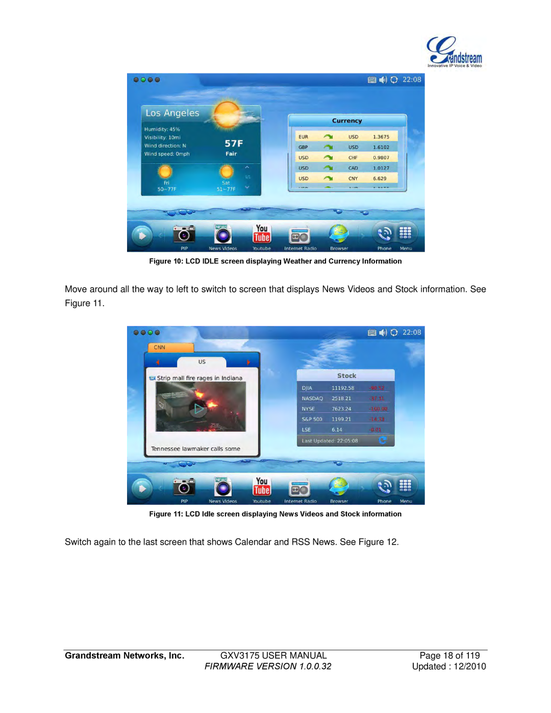 Grandstream Networks GXV3175 manual LCD Idle screen displaying Weather and Currency Information 