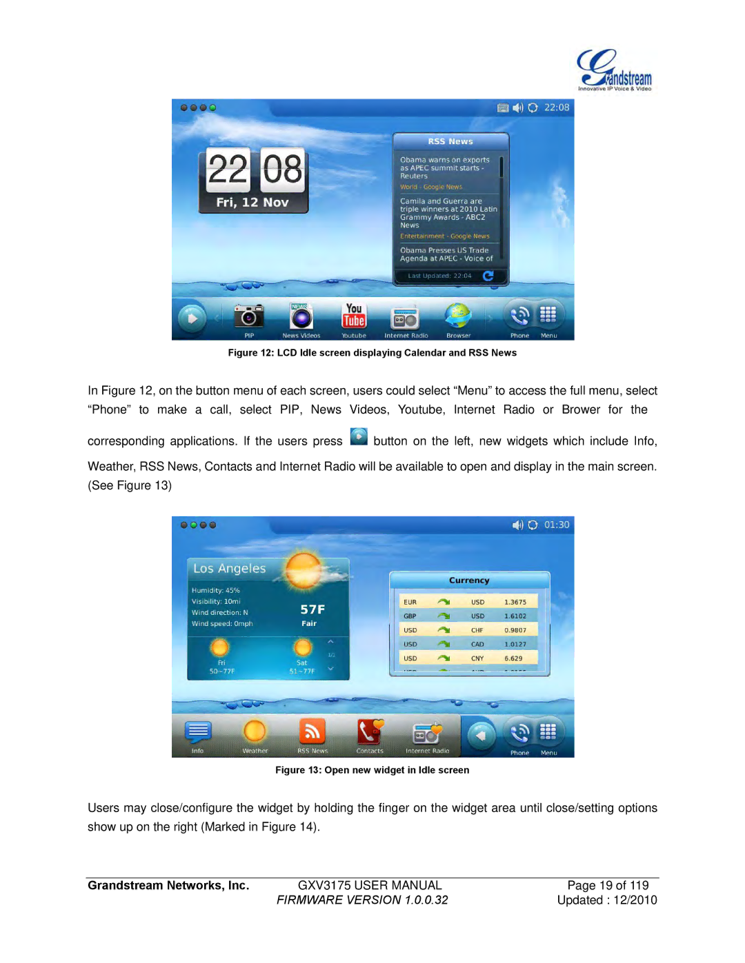 Grandstream Networks GXV3175 manual LCD Idle screen displaying Calendar and RSS News 
