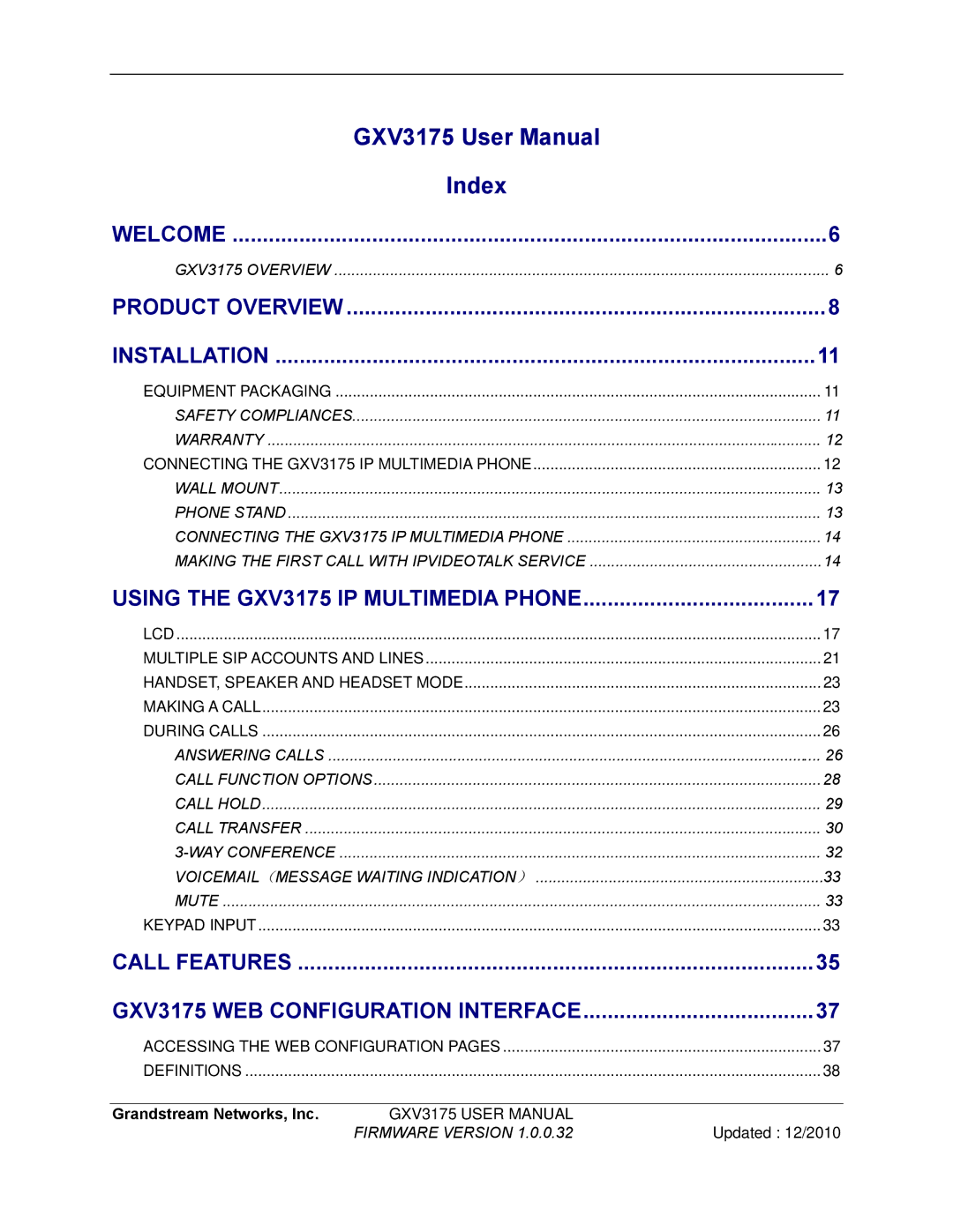 Grandstream Networks GXV3175 manual Index 