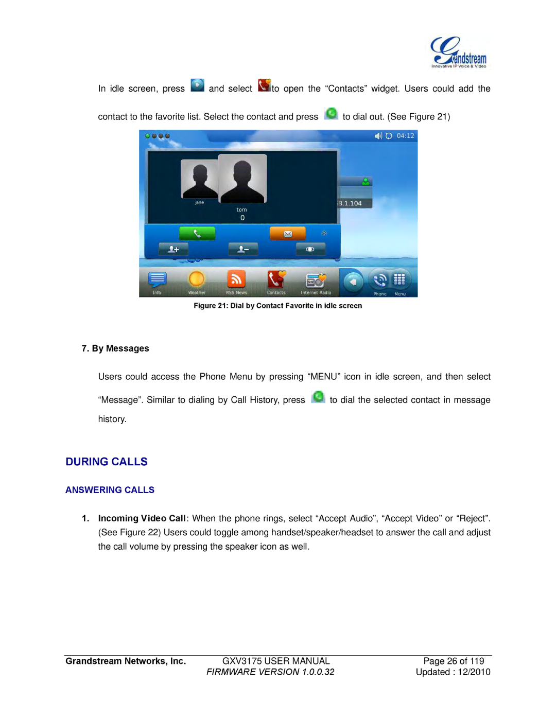 Grandstream Networks GXV3175 manual During Calls, By Messages, Answering Calls 