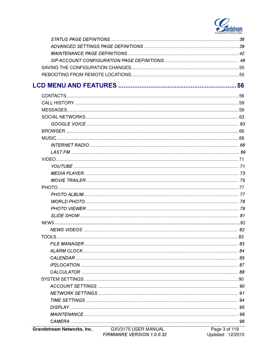 Grandstream Networks GXV3175 manual LCD Menu and Features 