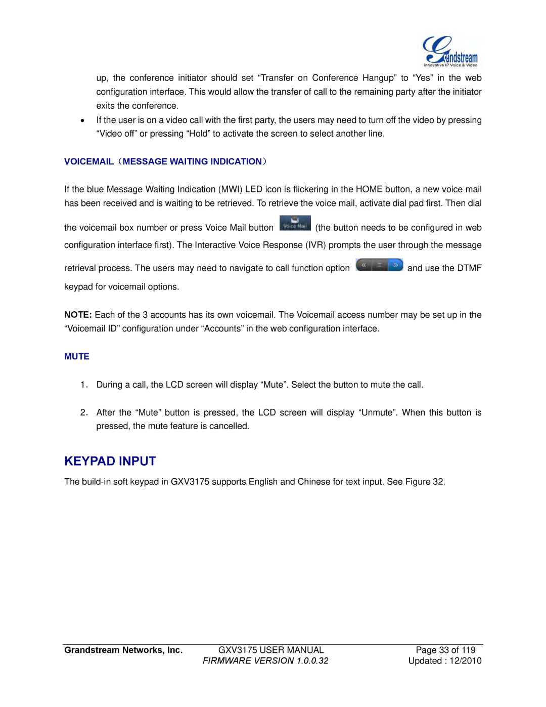 Grandstream Networks GXV3175 manual VOICEMAIL（MESSAGE Waiting INDICATION）, Mute 