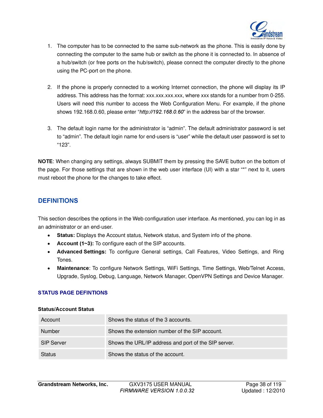 Grandstream Networks GXV3175 manual Status page Defintions, Status/Account Status 