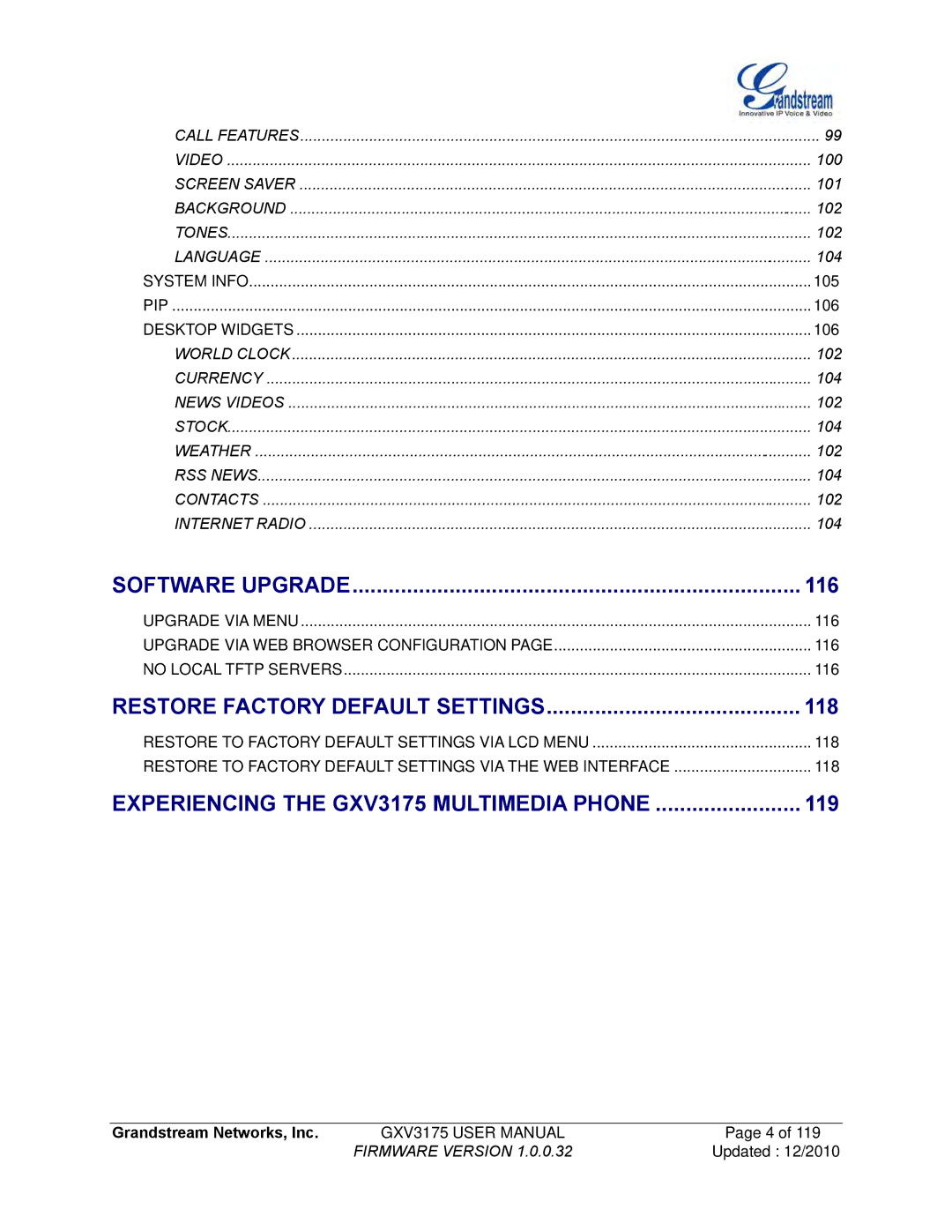 Grandstream Networks GXV3175 manual Software Upgrade 