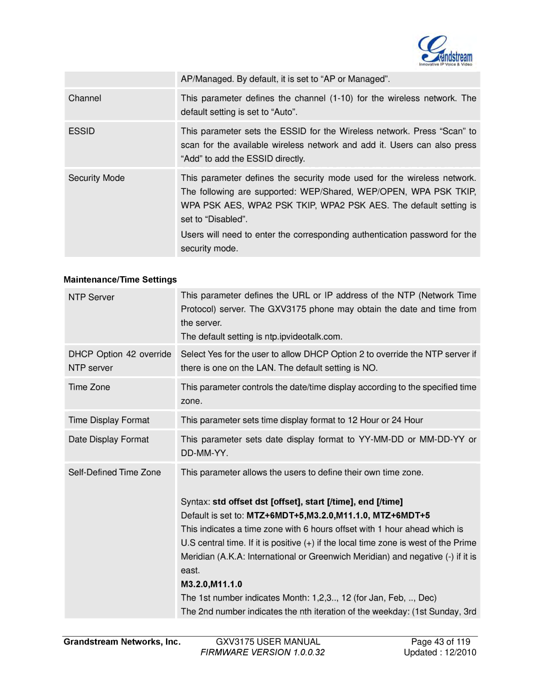 Grandstream Networks GXV3175 manual Maintenance/Time Settings, M3.2.0,M11.1.0 