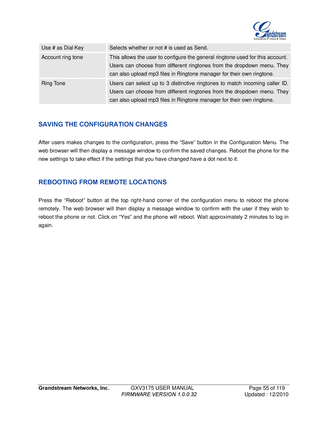 Grandstream Networks GXV3175 manual Saving the Configuration Changes 