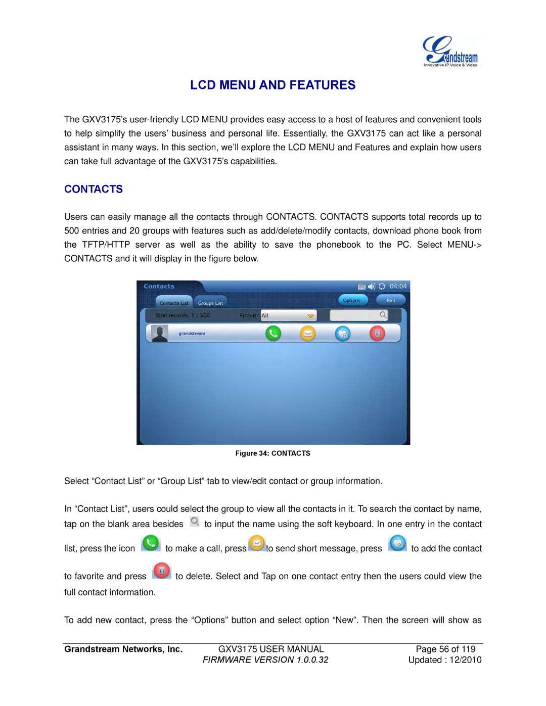 Grandstream Networks GXV3175 manual LCD Menu and Features, Contacts 