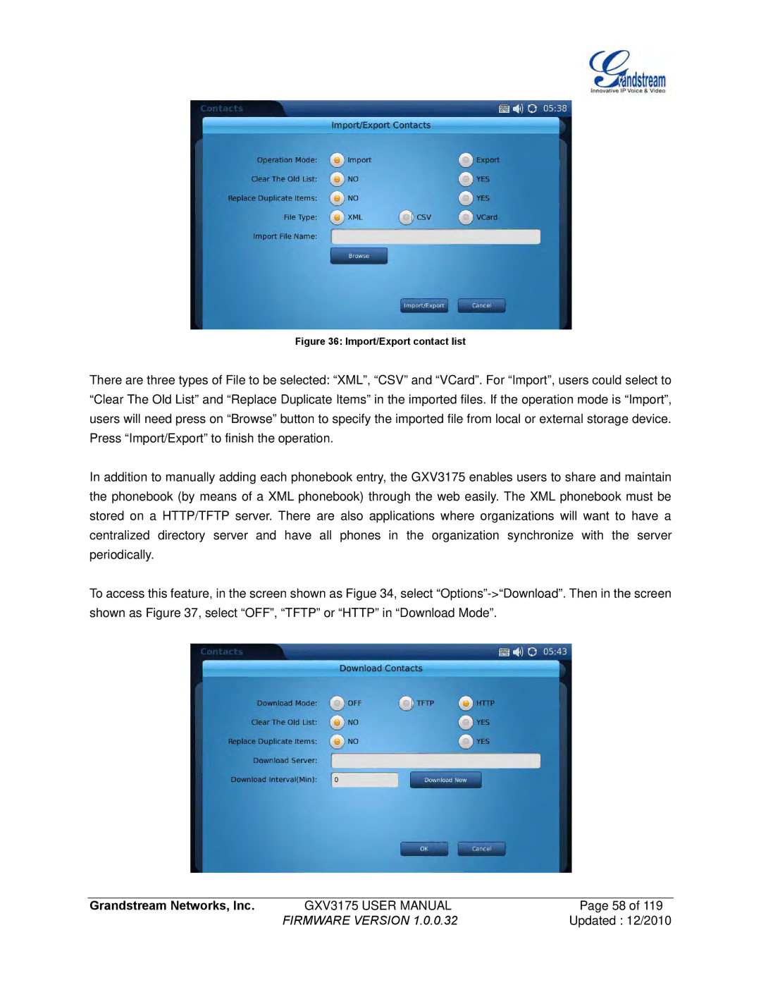 Grandstream Networks GXV3175 manual Import/Export contact list 