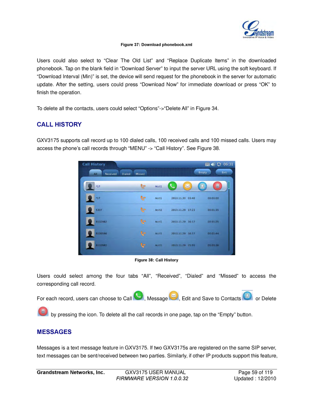 Grandstream Networks GXV3175 manual Call History, Messages 