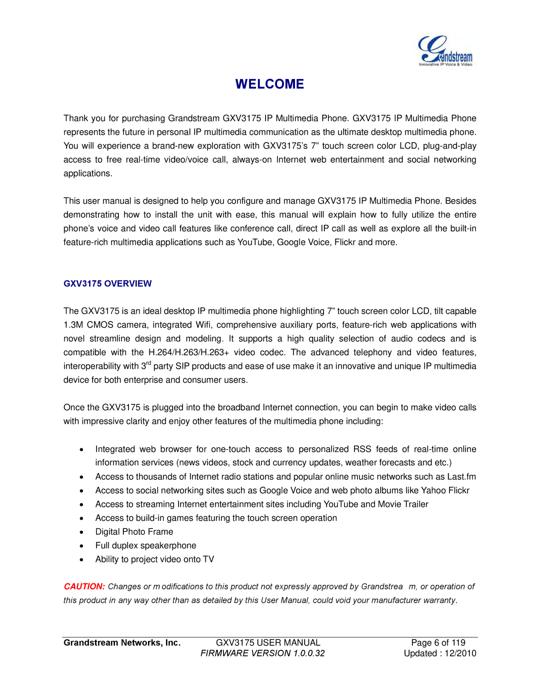 Grandstream Networks manual Welcome, GXV3175 Overview 