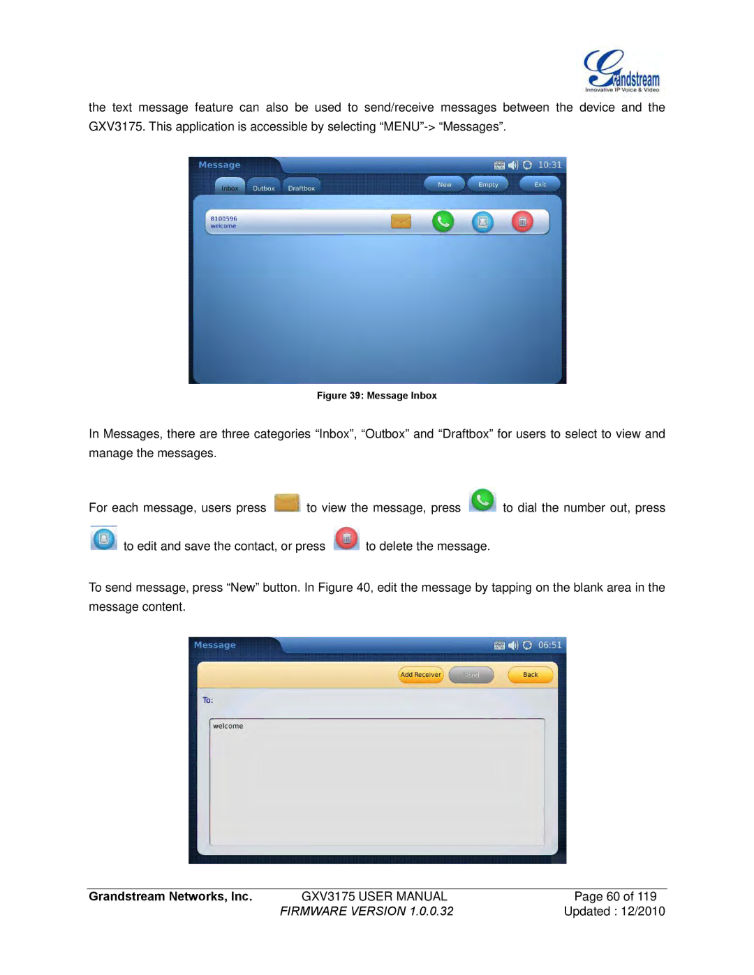 Grandstream Networks GXV3175 manual Message Inbox 