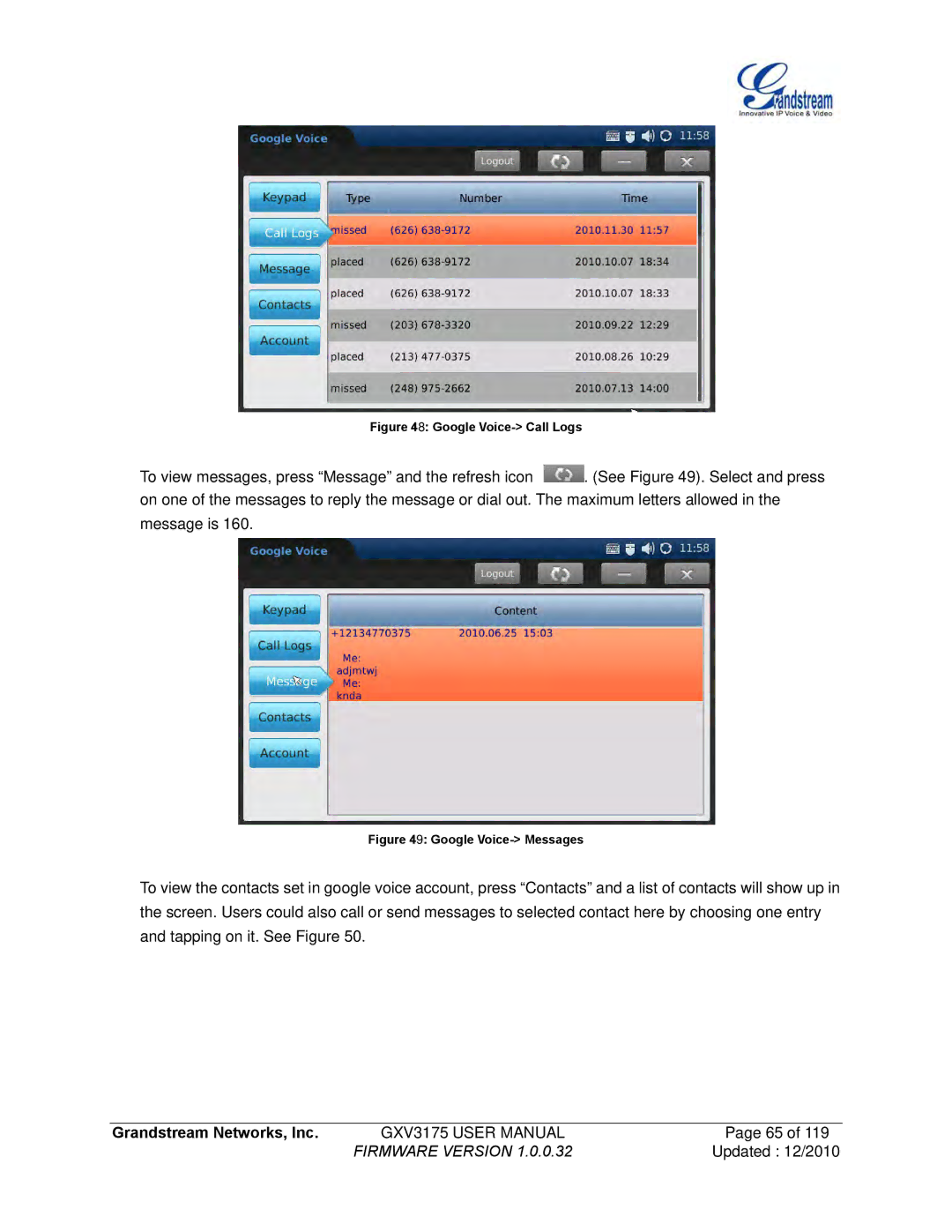 Grandstream Networks GXV3175 manual Google Voice- Call Logs 