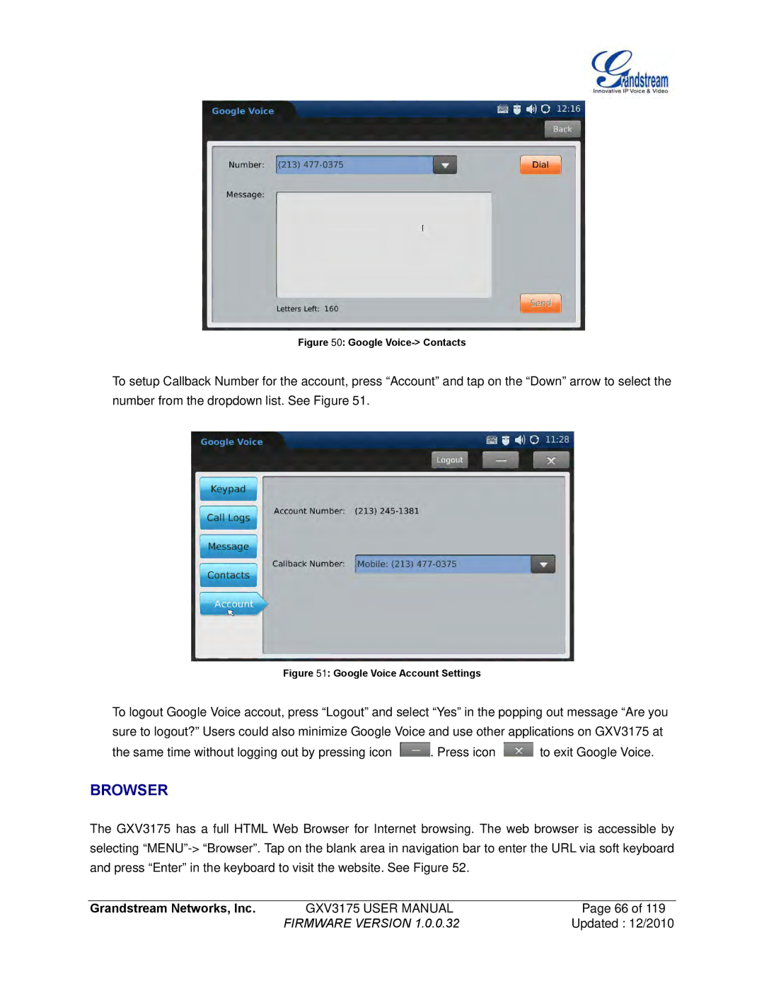 Grandstream Networks GXV3175 manual Browser, Google Voice- Contacts 