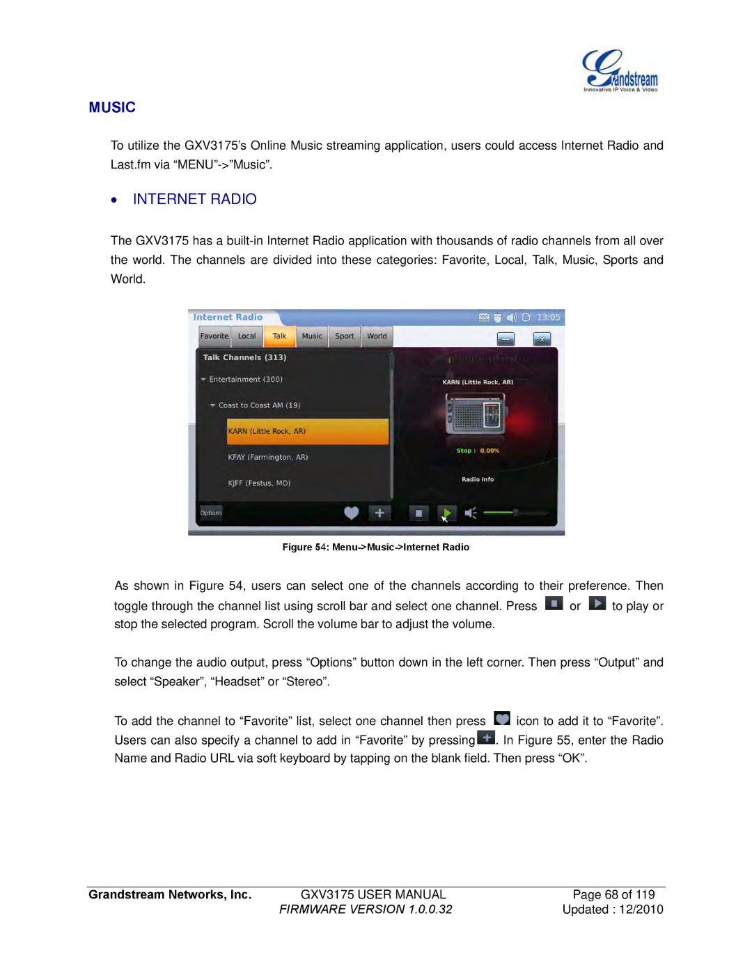 Grandstream Networks GXV3175 manual Music, ∙ Internet Radio 