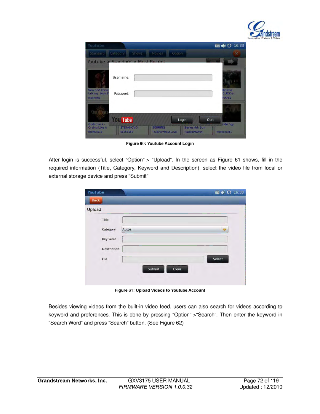 Grandstream Networks GXV3175 manual Youtube Account Login 