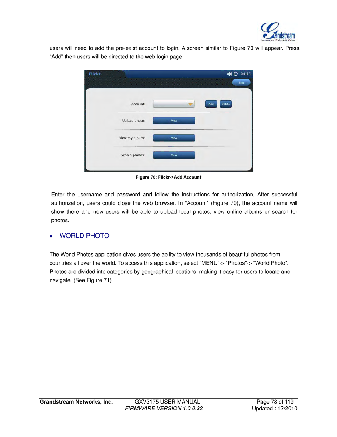 Grandstream Networks GXV3175 manual ∙ World Photo, Flickr-Add Account 