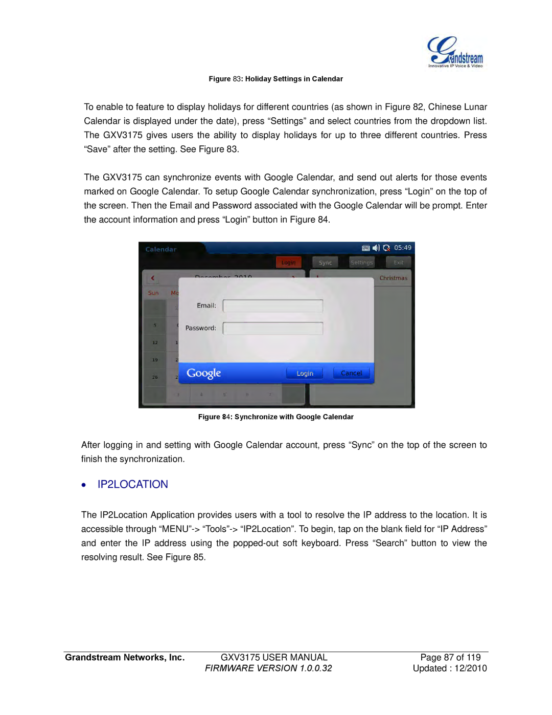 Grandstream Networks GXV3175 manual ∙ IP2LOCATION, Holiday Settings in Calendar 