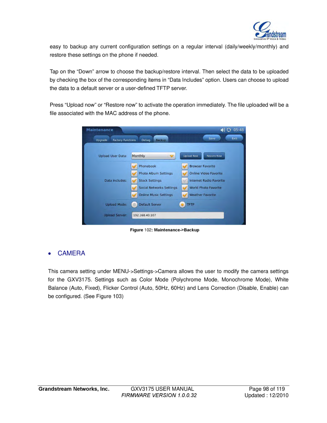 Grandstream Networks GXV3175 manual ∙ Camera, Maintenance-Backup 