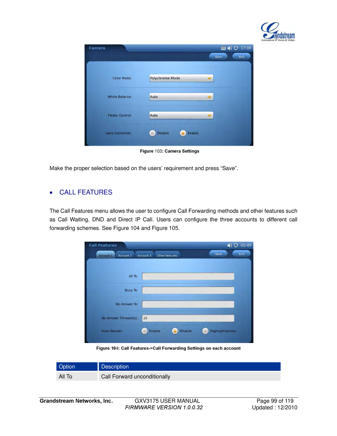 Grandstream Networks GXV3175 manual ∙ Call Features, Camera Settings 