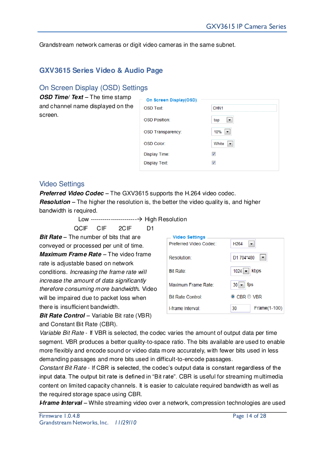 Grandstream Networks user manual GXV3615 Series Video & Audio, On Screen Display OSD Settings, Video Settings 