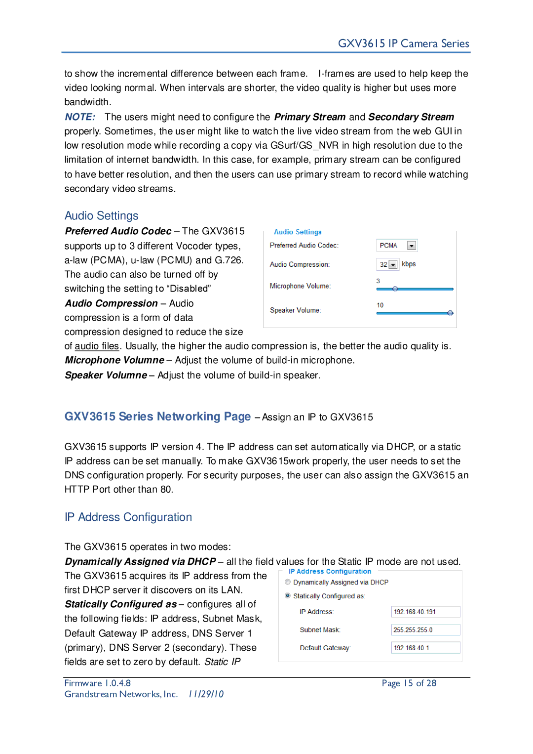 Grandstream Networks Audio Settings, GXV3615 Series Networking Page Assign an IP to GXV3615, IP Address Configuration 