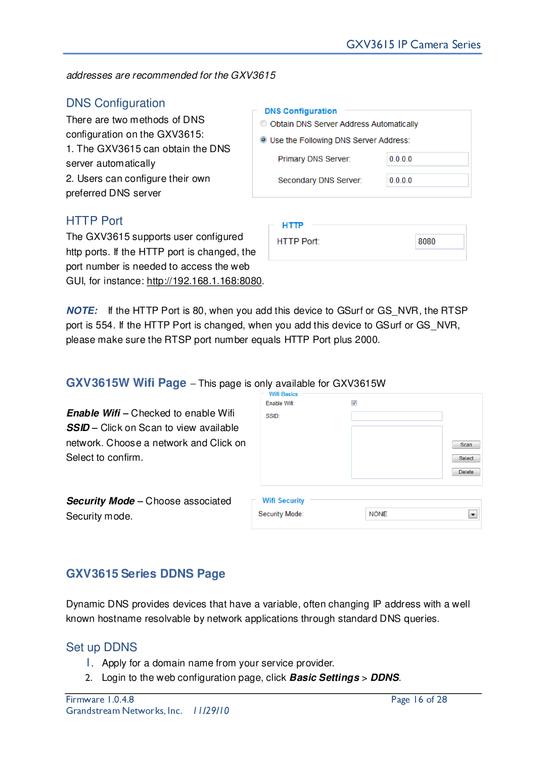 Grandstream Networks user manual DNS Configuration, Http Port, GXV3615 Series Ddns, Set up Ddns 