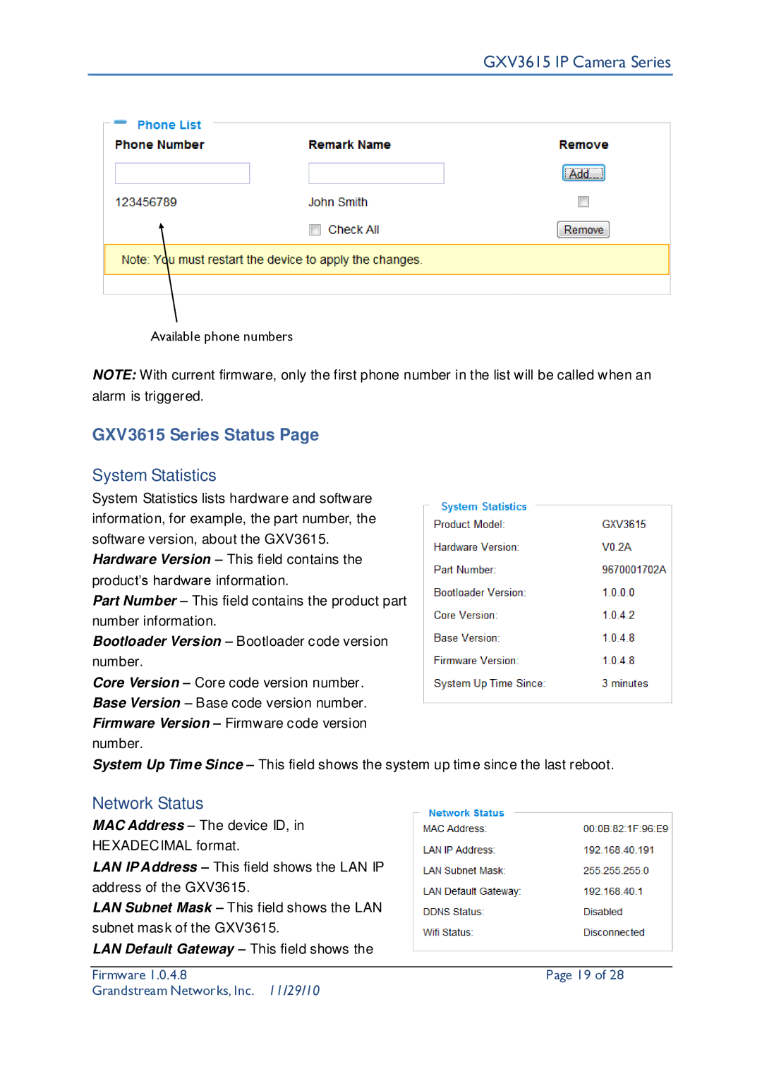 Grandstream Networks user manual GXV3615 Series Status, System Statistics, Network Status 