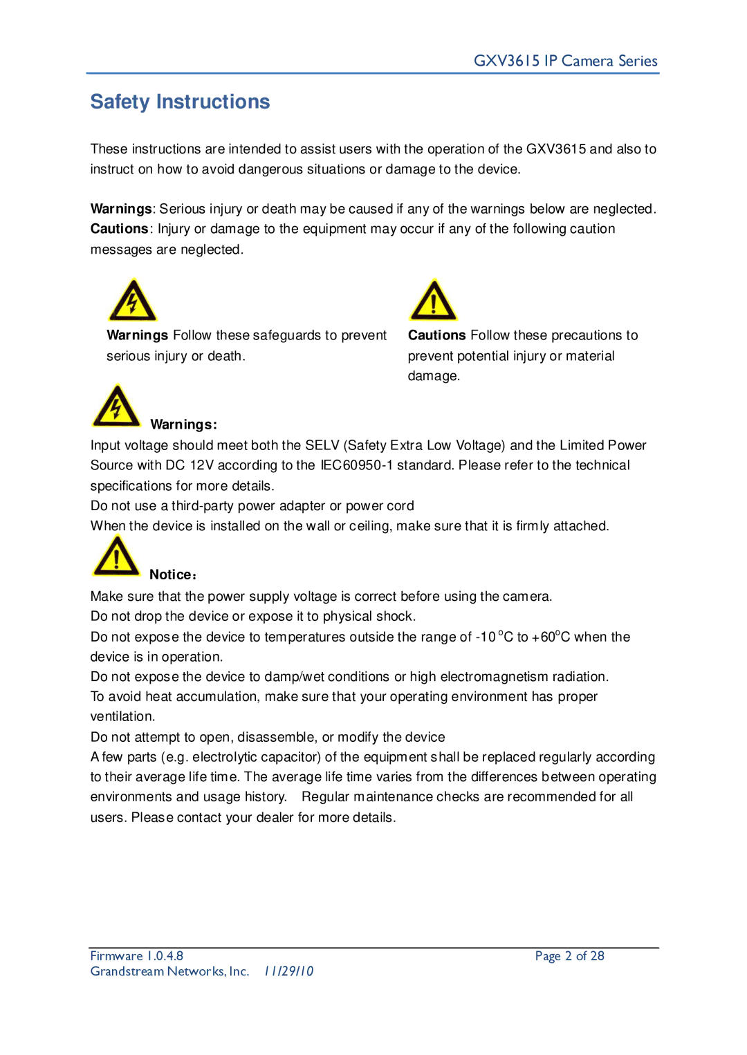 Grandstream Networks GXV3615 user manual Safety Instructions 