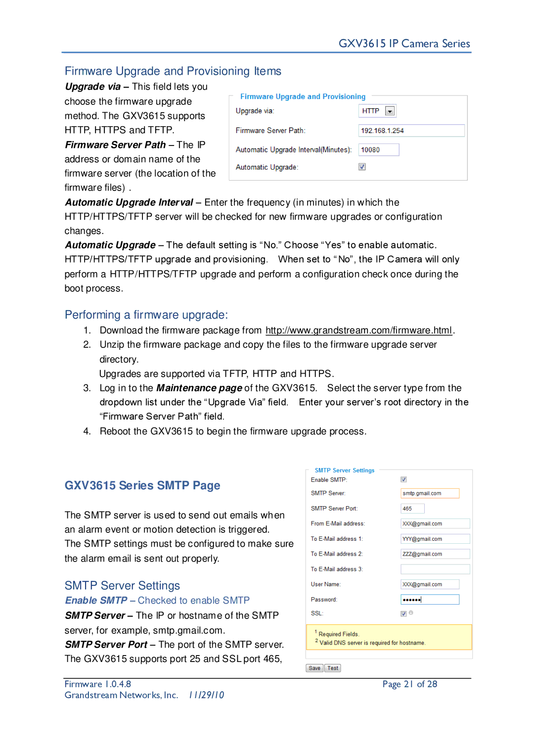 Grandstream Networks Firmware Upgrade and Provisioning Items, Performing a firmware upgrade, GXV3615 Series Smtp 