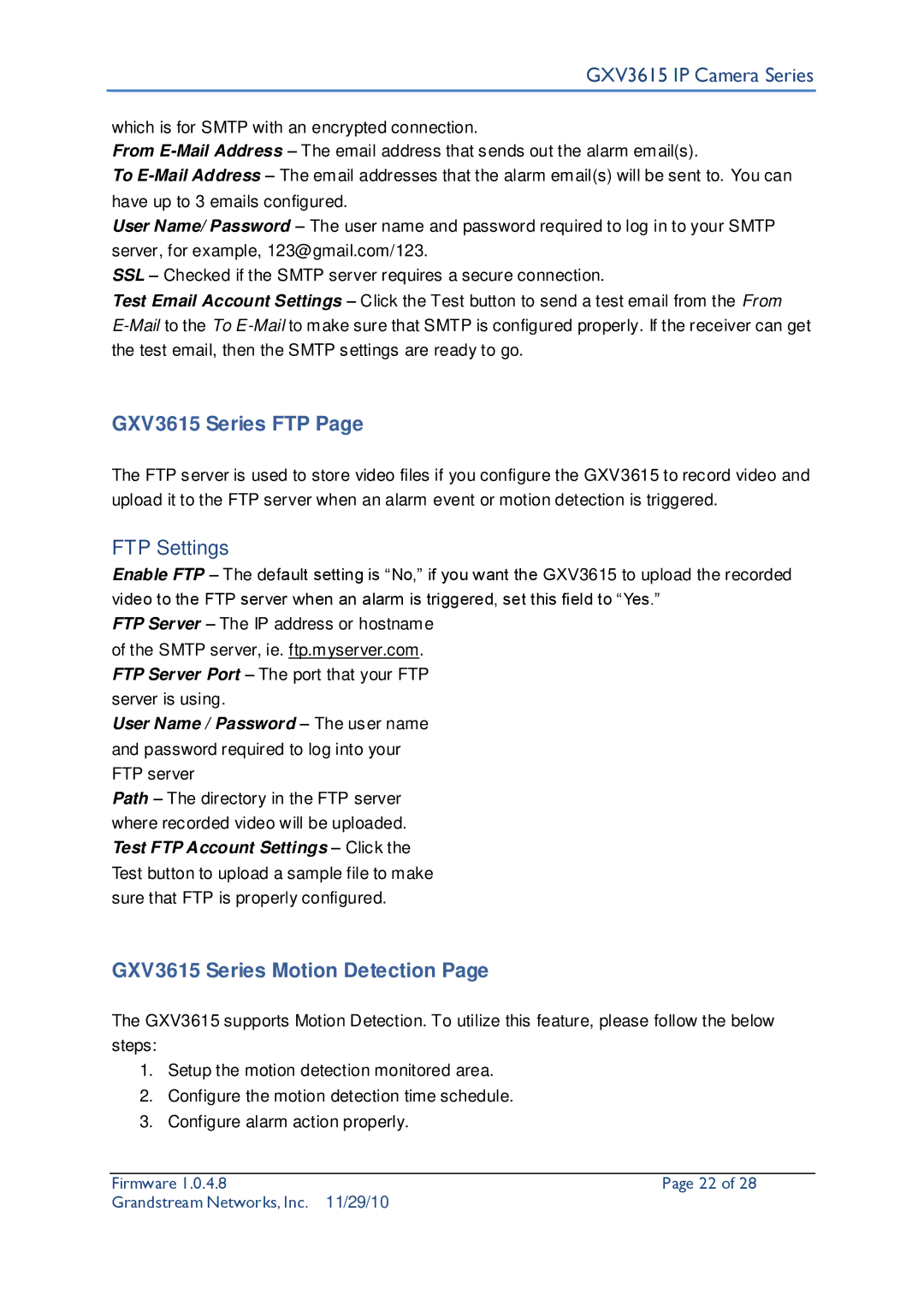 Grandstream Networks user manual GXV3615 Series FTP, FTP Settings, GXV3615 Series Motion Detection 
