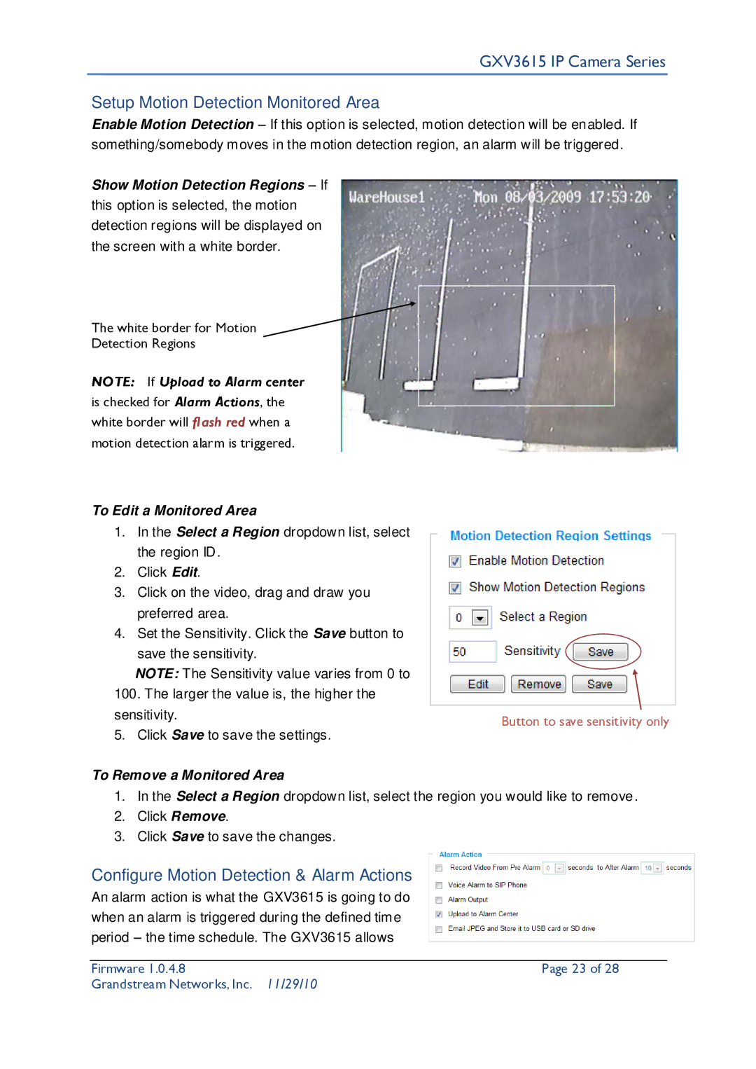 Grandstream Networks GXV3615 user manual Setup Motion Detection Monitored Area, Configure Motion Detection & Alarm Actions 