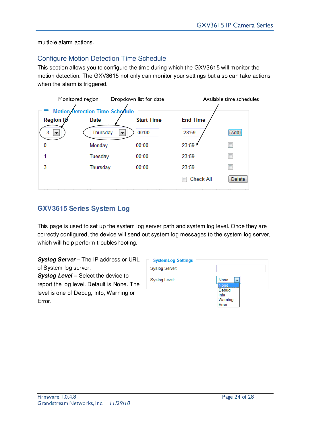 Grandstream Networks user manual Configure Motion Detection Time Schedule, GXV3615 Series System Log 