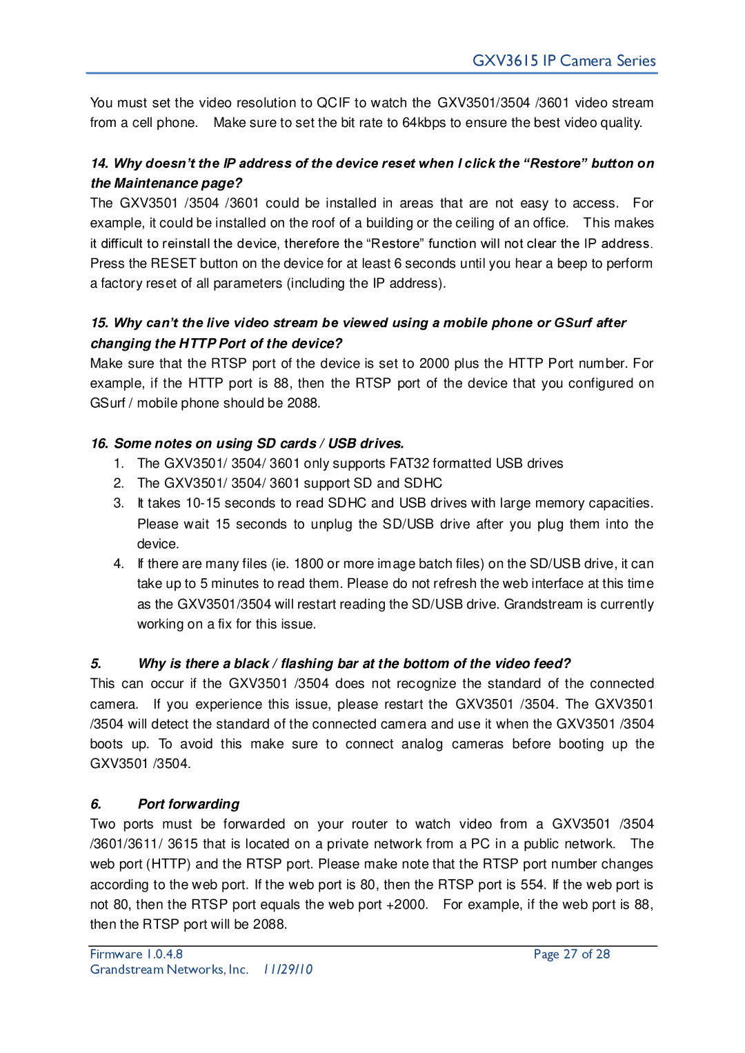 Grandstream Networks GXV3615 user manual Some notes on using SD cards / USB drives, Port forwarding 