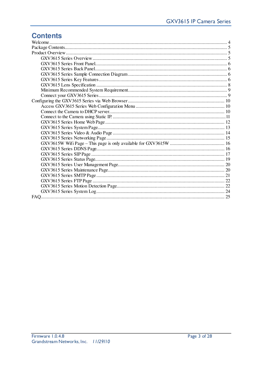 Grandstream Networks GXV3615 user manual Contents 