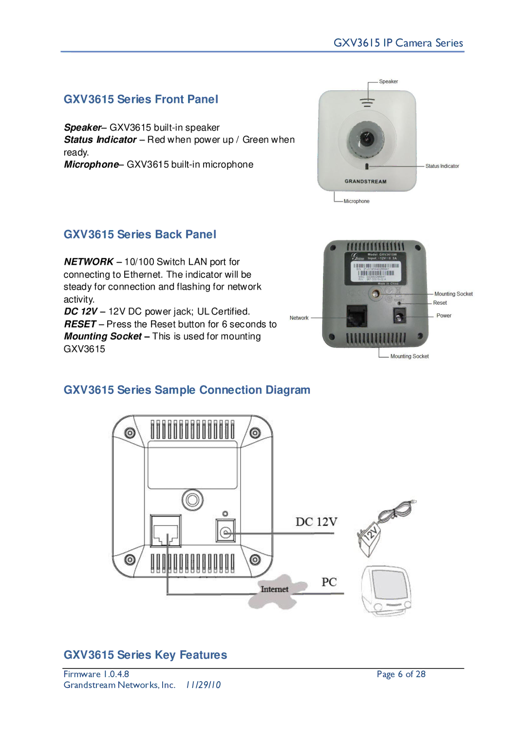 Grandstream Networks user manual GXV3615 Series Front Panel, GXV3615 Series Back Panel 