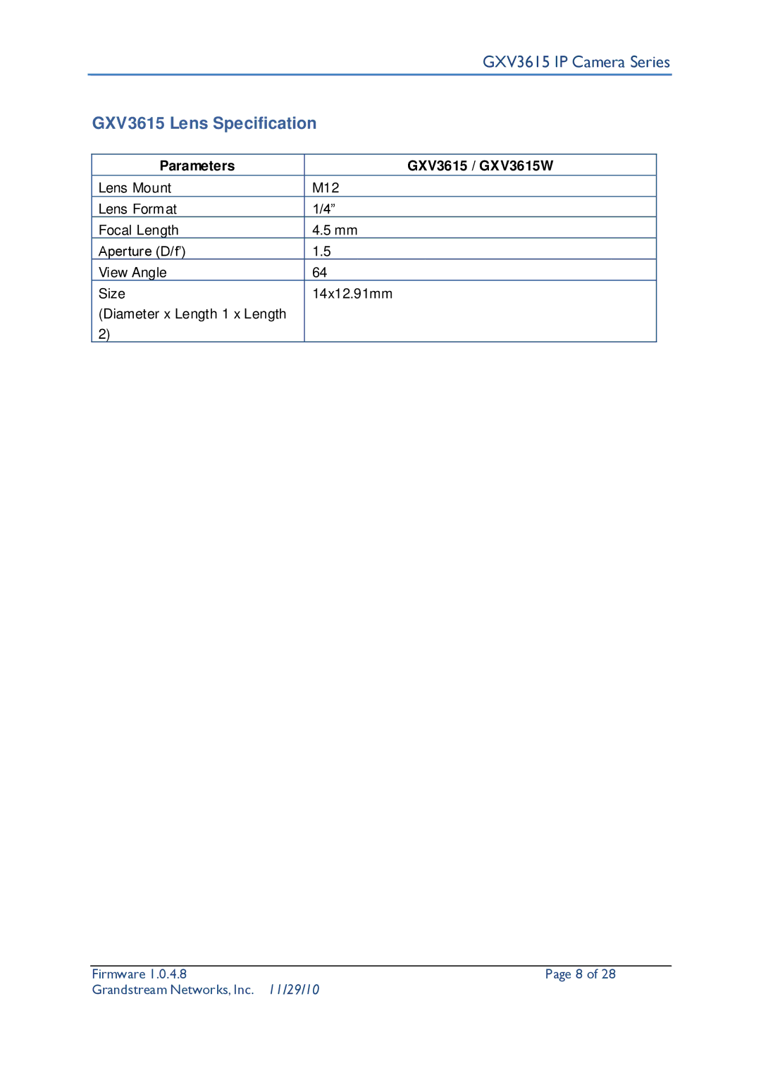 Grandstream Networks user manual GXV3615 Lens Specification, Parameters GXV3615 / GXV3615W 