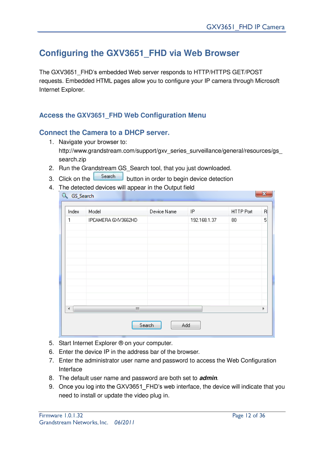 Grandstream Networks GXV3651_FHD user manual Configuring the GXV3651FHD via Web Browser 