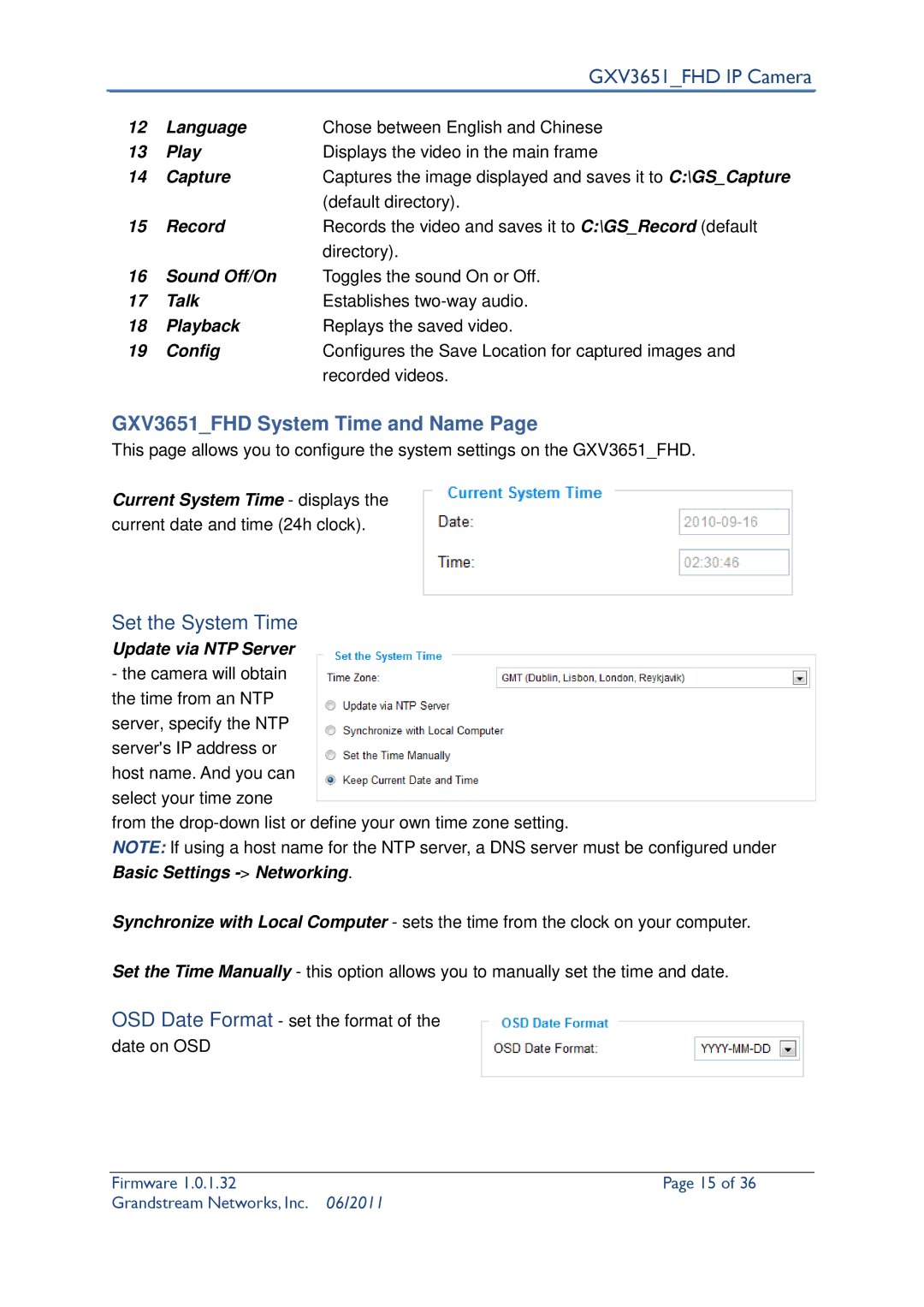 Grandstream Networks GXV3651_FHD user manual GXV3651FHD System Time and Name, Set the System Time, Update via NTP Server 