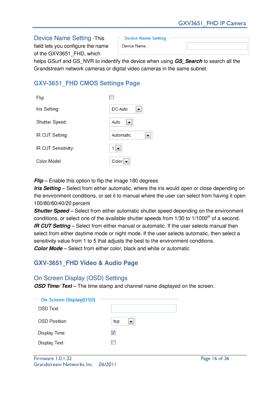 Grandstream Networks GXV3651_FHD user manual GXV-3651FHD Video & Audio, On Screen Display OSD Settings 