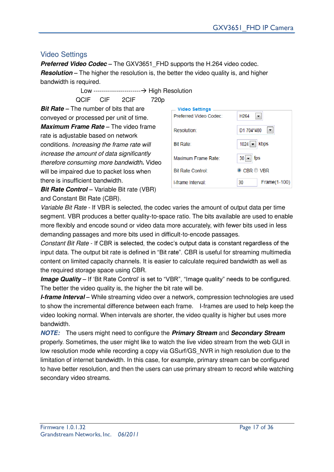 Grandstream Networks GXV3651_FHD user manual Video Settings, Qcif CIF 2CIF 