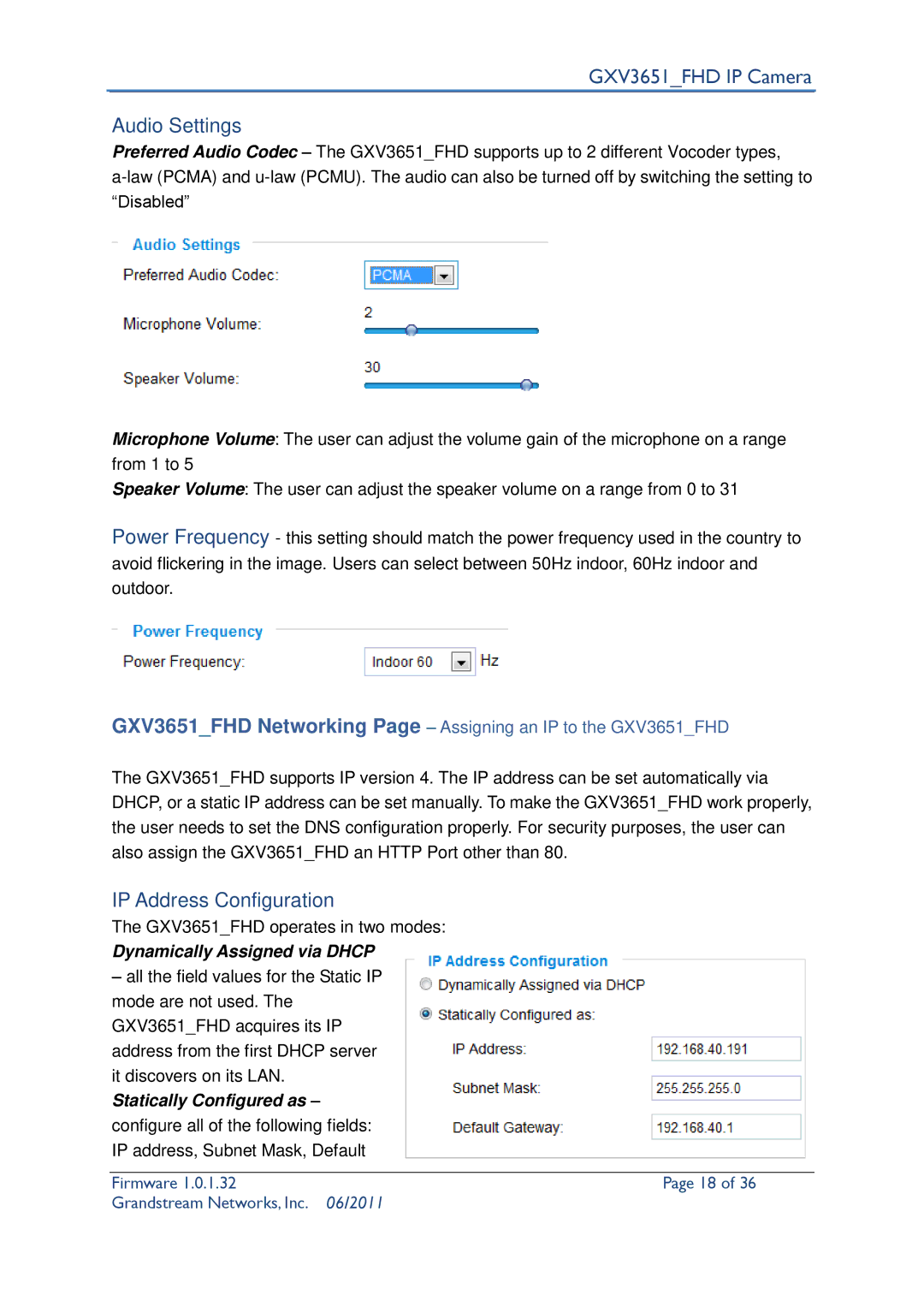 Grandstream Networks GXV3651_FHD user manual Audio Settings, IP Address Configuration, Dynamically Assigned via Dhcp 