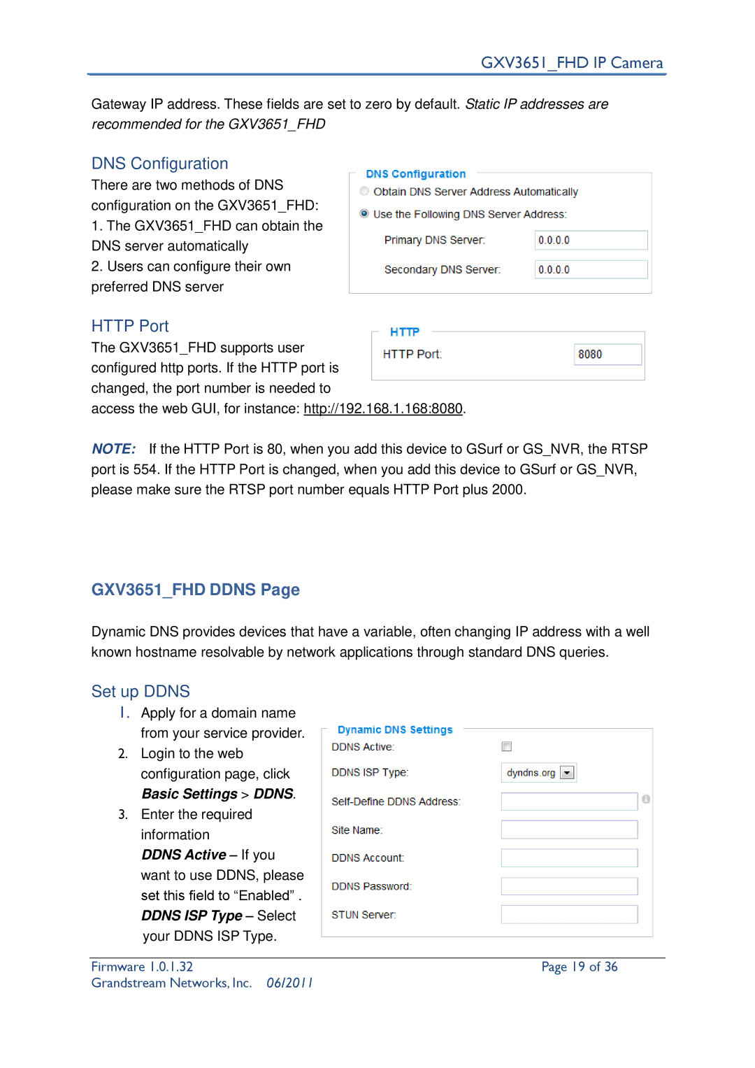 Grandstream Networks GXV3651_FHD user manual DNS Configuration, Http Port, GXV3651FHD Ddns, Set up Ddns 