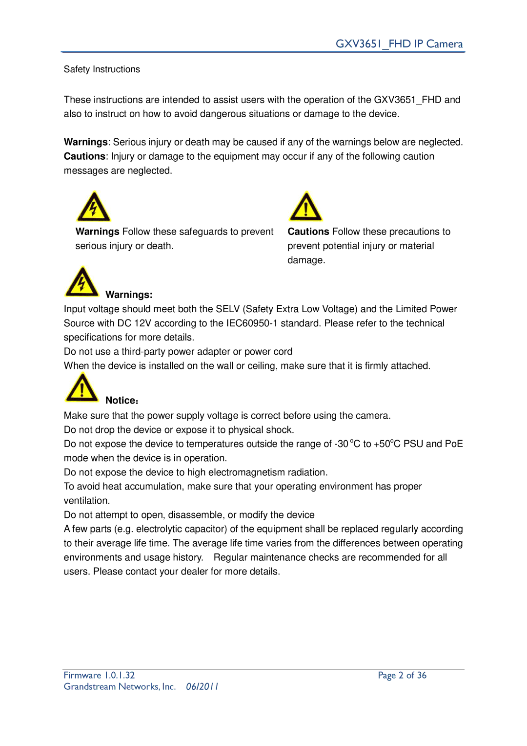 Grandstream Networks GXV3651_FHD user manual GXV3651FHD IP Camera 