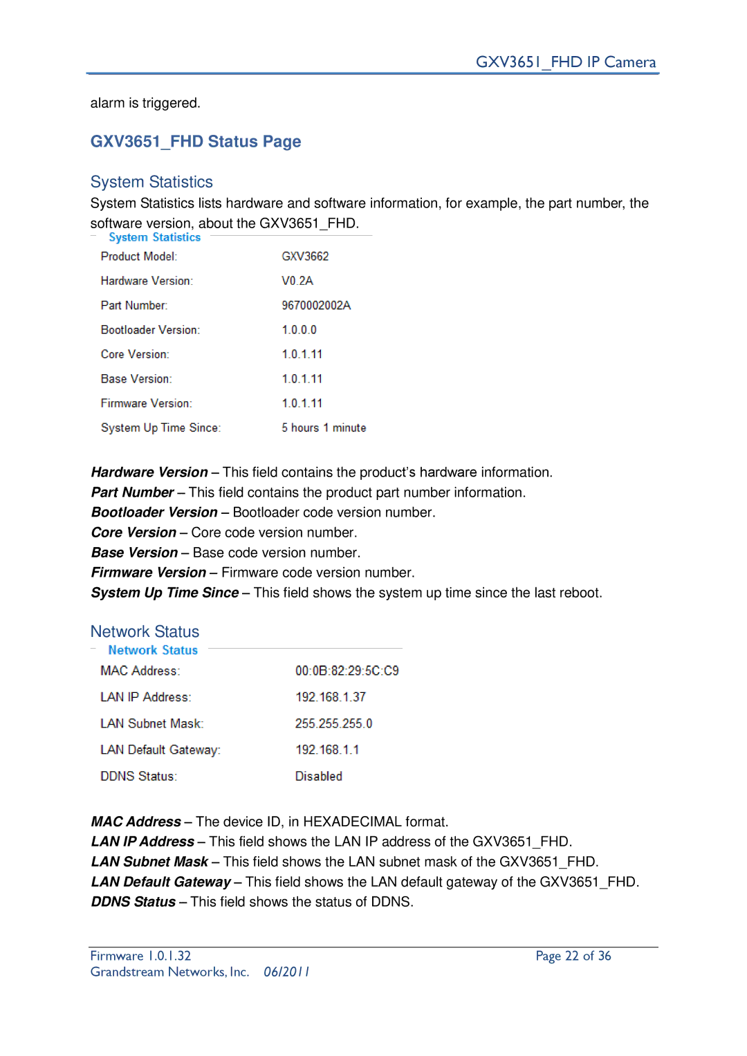 Grandstream Networks GXV3651_FHD user manual GXV3651FHD Status, System Statistics, Network Status 