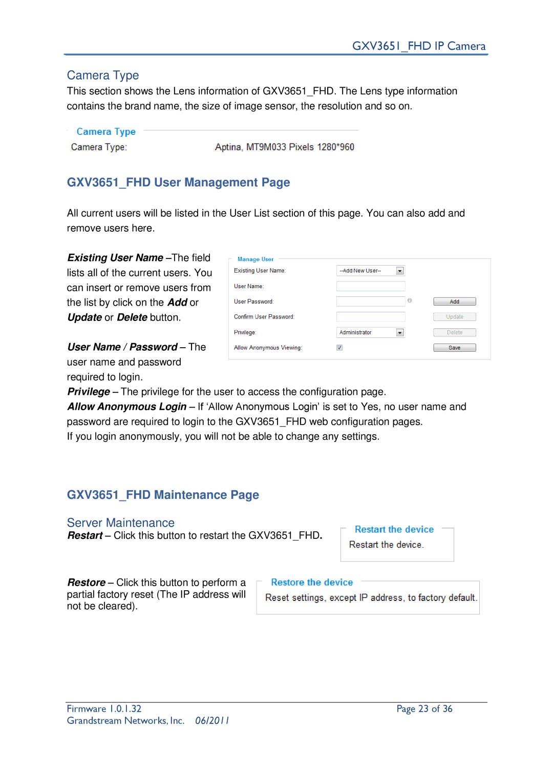 Grandstream Networks GXV3651_FHD Camera Type, GXV3651FHD User Management, GXV3651FHD Maintenance, Server Maintenance 