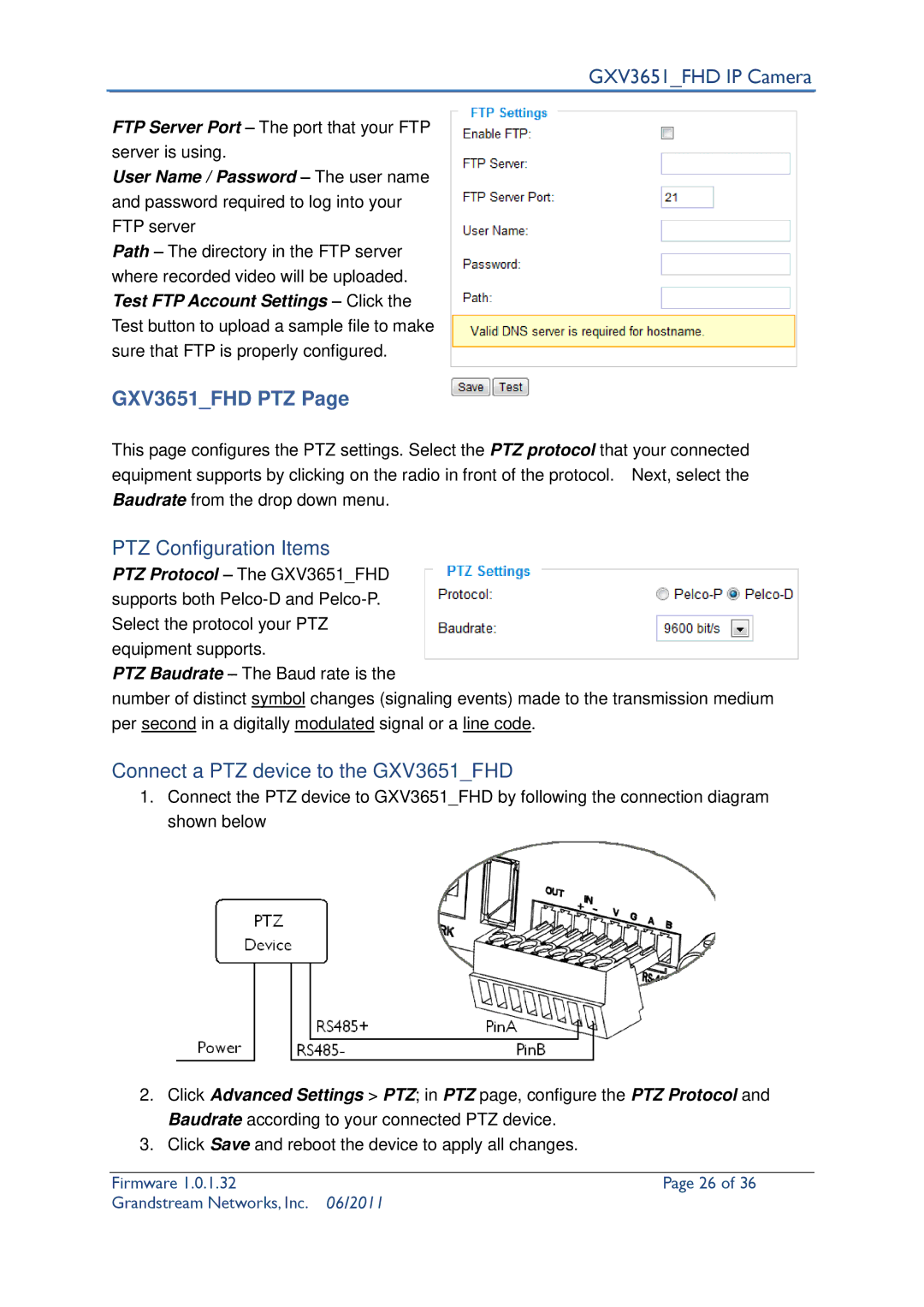 Grandstream Networks GXV3651_FHD GXV3651FHD PTZ, PTZ Configuration Items, Connect a PTZ device to the GXV3651FHD 