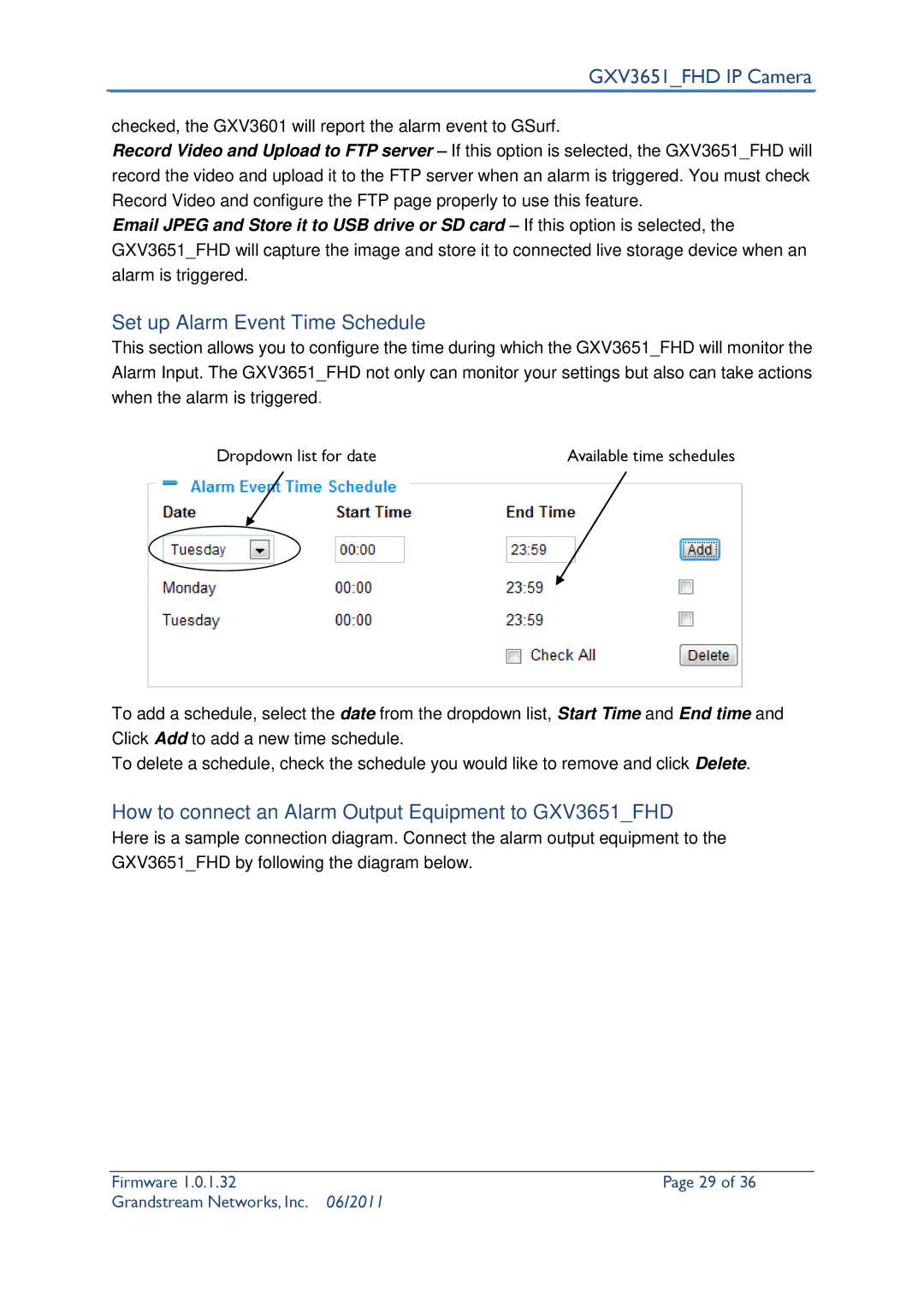 Grandstream Networks GXV3651_FHD Set up Alarm Event Time Schedule, How to connect an Alarm Output Equipment to GXV3651FHD 